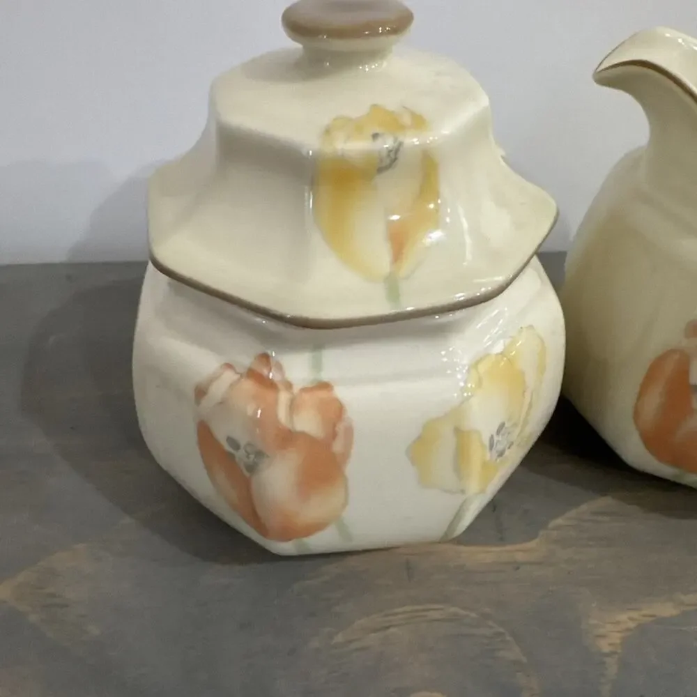 MIKASA Dutch Garden Cream and Covered Sugar Set- Orange/Yellow Flowers MINT